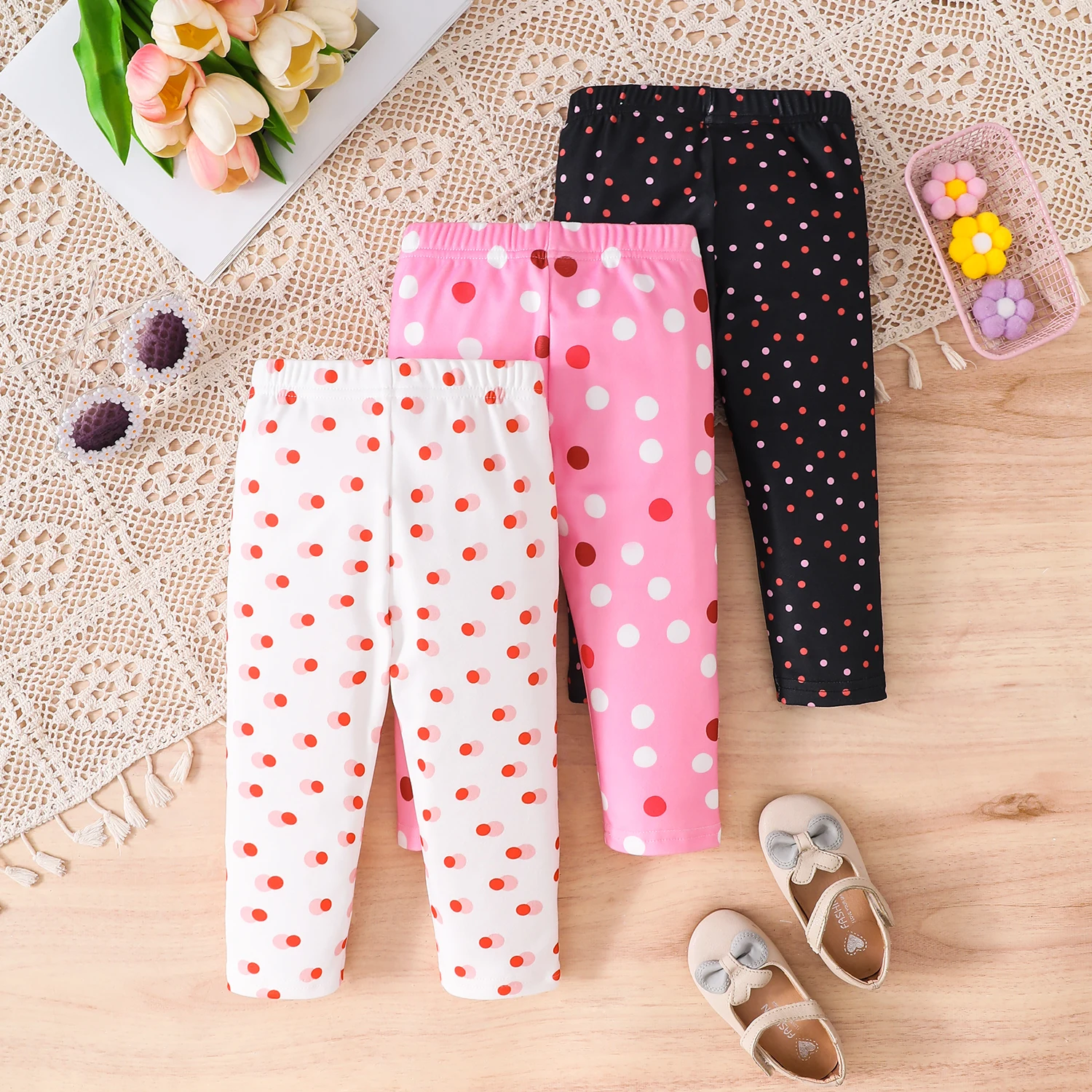 3Pcs Baby Toddler Girls Polka Dot Print Leggings, Soft Elastic Waist All Seasons Casual Stretch Pants