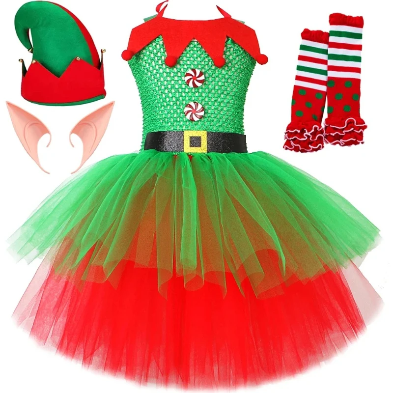 

Red Green Christmas Elf Costumes for Girls Xmas Elves Cosplay Dresses Outfits for Kids New Year Festival Clothes with Hat Socks1