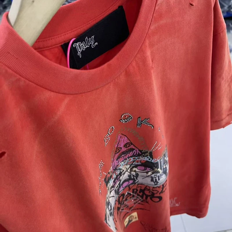 

Футболки Paly, высококачественные потертые винтажные футболки со стразами, повседневные мужские и женские футболки с короткими рукавами