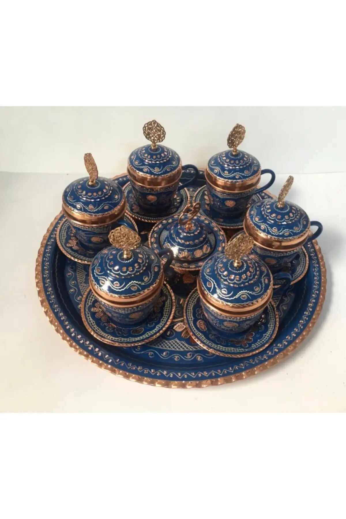 

DOLBOVI Copper Embroidered Navy Blue 6 S Coffee Set And Sugar Bowl handmade espresso cup