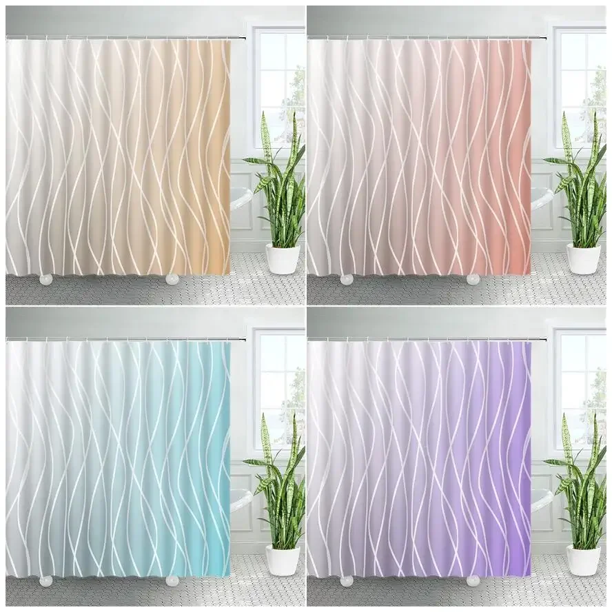 Creative Ombre Shower Curtains White Line Geometric Bath Curtain Blue Purple Modern Minimalist Fabric Print Bathroom Decor Sets