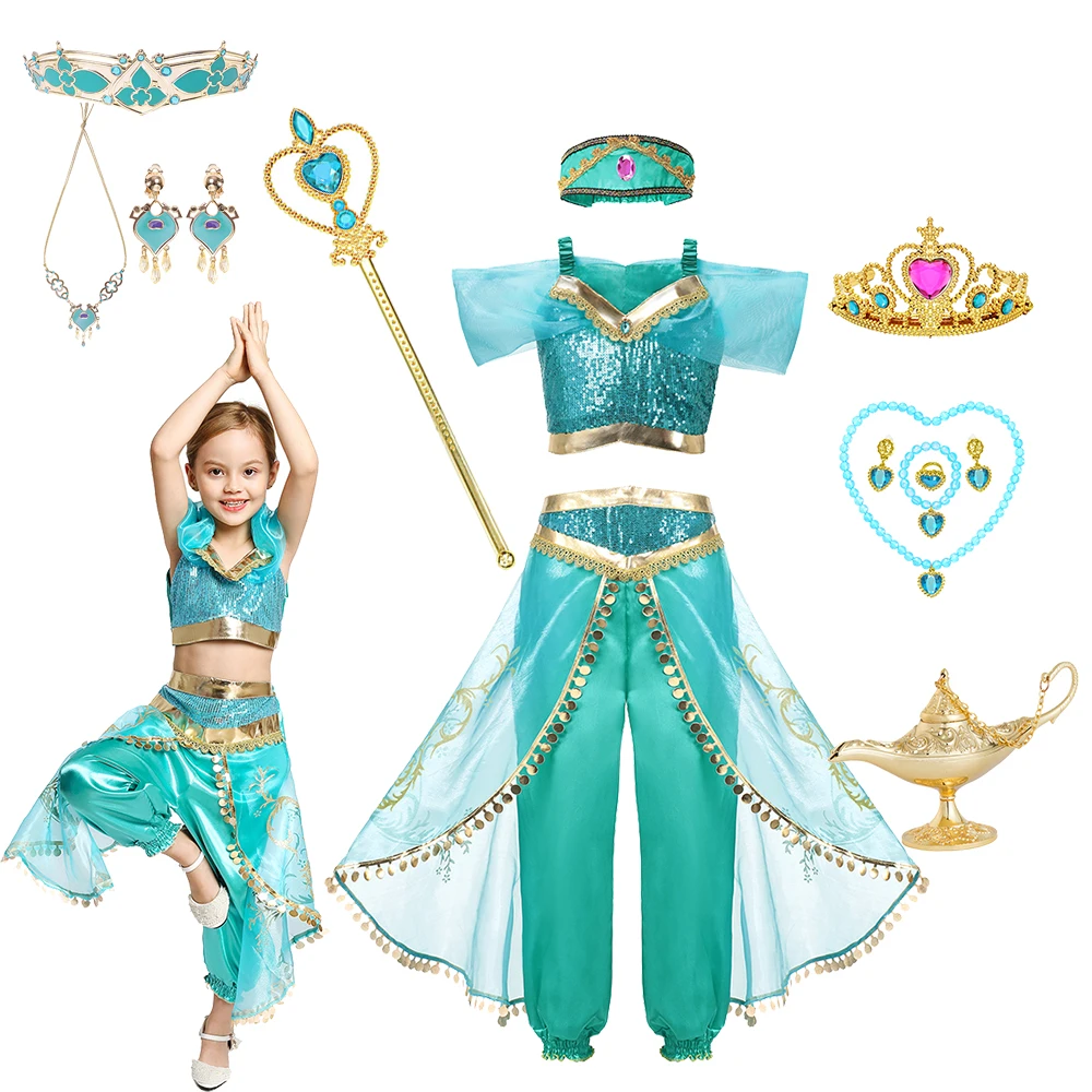 Jasmine Princess Dress Mesh Aladdin Cosplay Costume For Girls Halloween Party Outfits Kids Sequins Role Clothing 3pcs Set