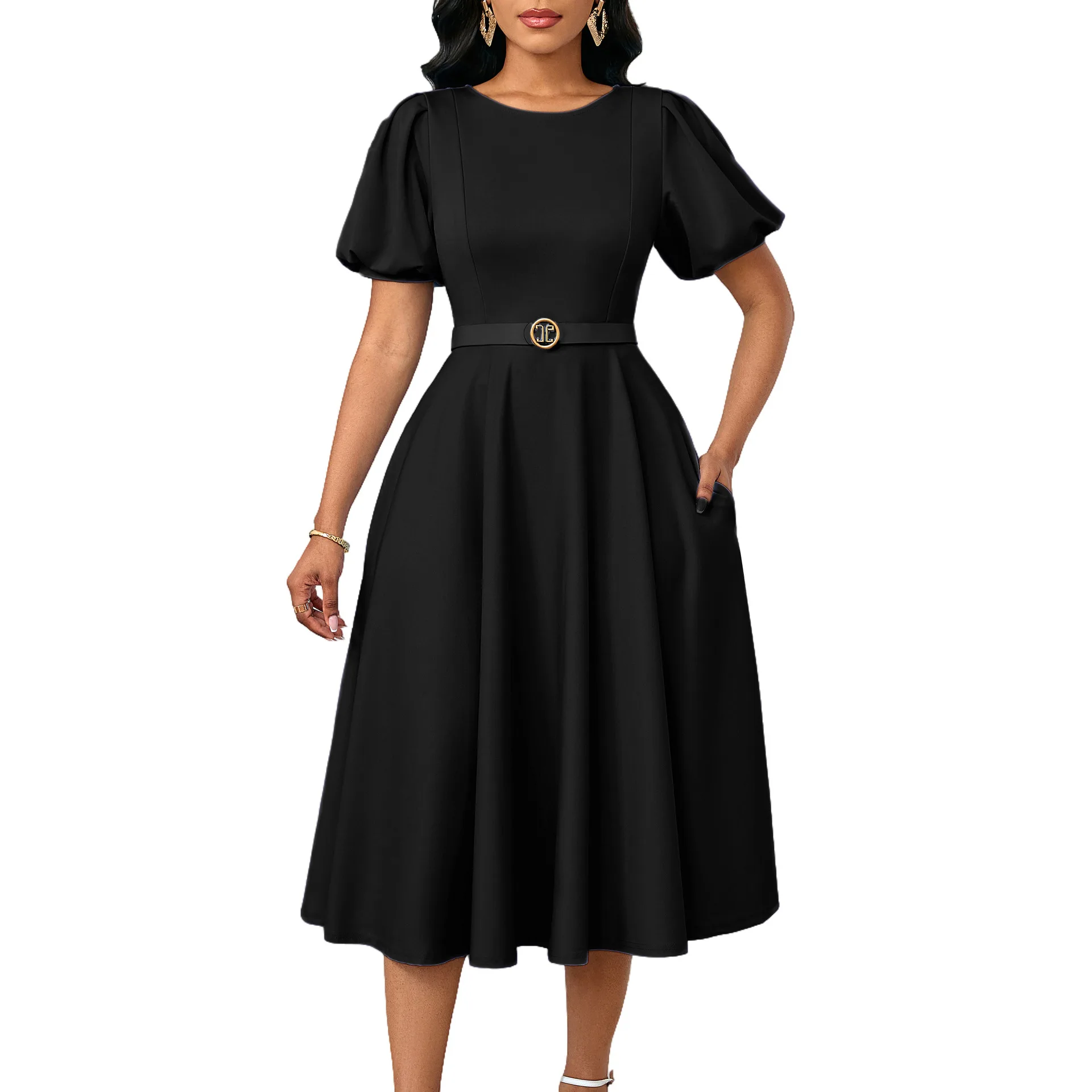 African Clothes for Women Autumn Fashion African Short Sleeve Polyester Party Evening Pleat Midi Dress Outfits Africa Clothing