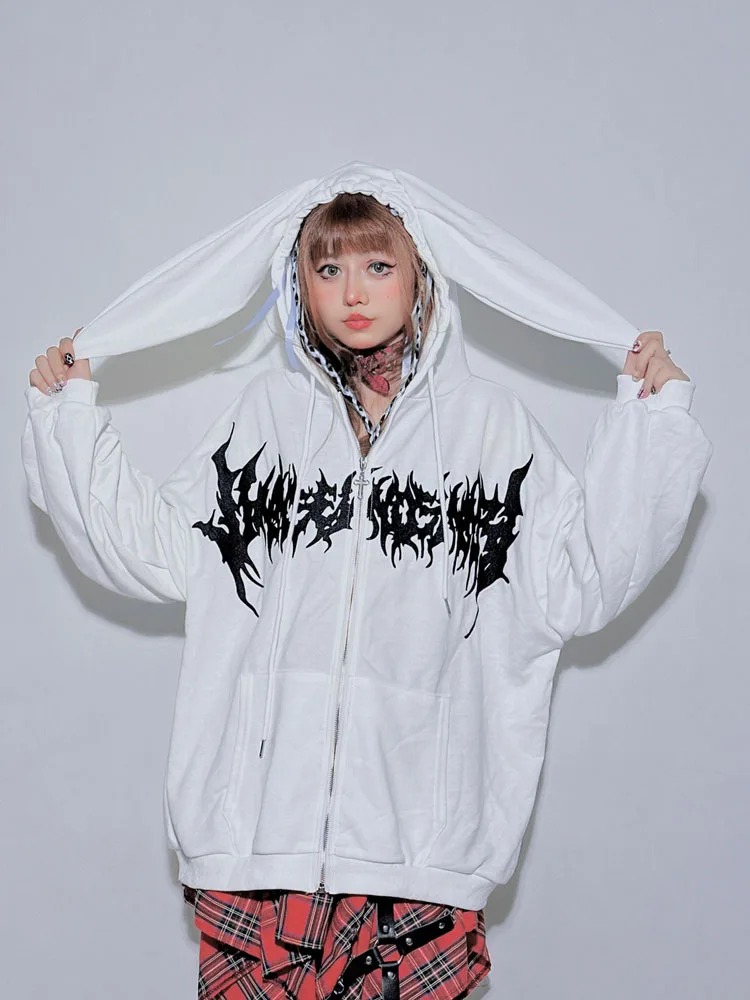 Japanese Mine Style Subculture Street Punk Embroidery Hot Diamond Rabbit Ear Zipper Hoodie Loose Casual Sweatshirts Jacket Women