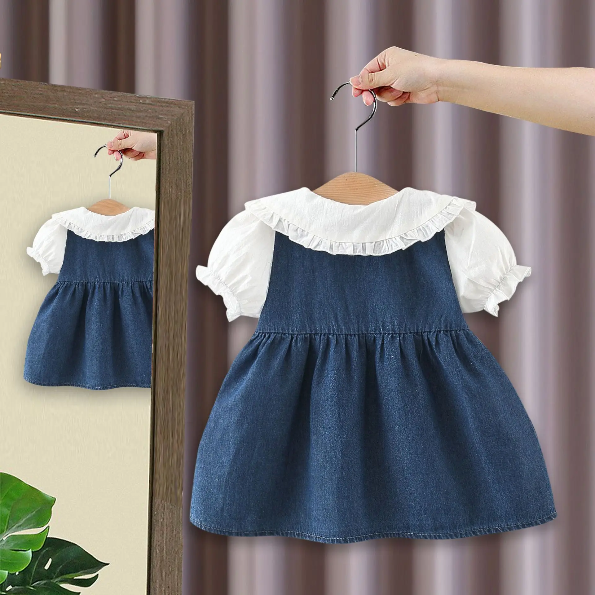 2024 Baby Girls Summer Blue Dress Denim Children Casual Clothes Cotton Soft and Comfort for Kids