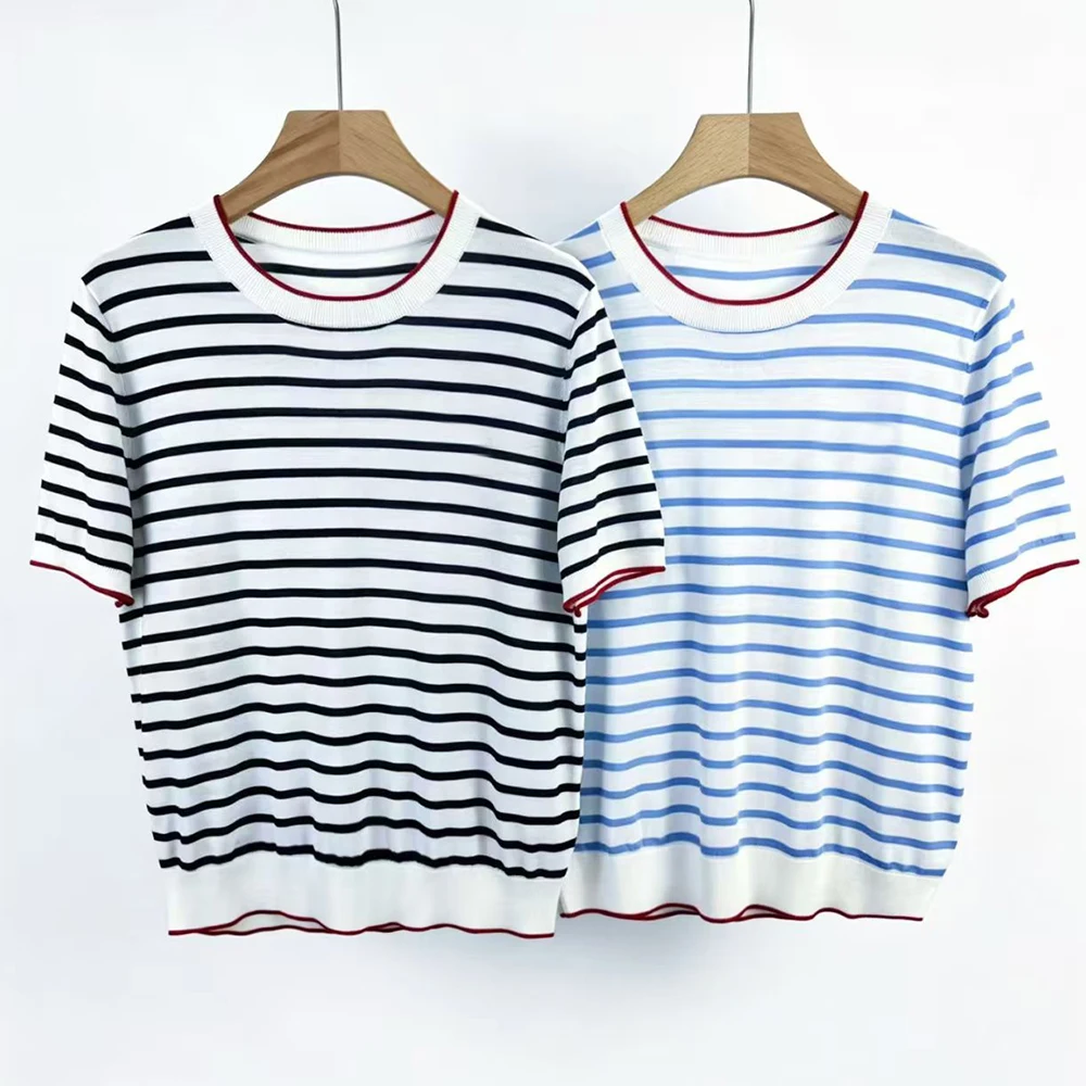 

Summer New Women's Collar Short Sleeve Knitted Shirt Embroidered Slim Fit Stripe Pattern Versatile Thin Cotton round Neck Top