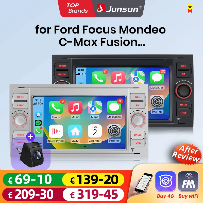 Junsun 7-Zoll Kabelloses CarPlay Android Auto Autoradio für Ford Focus Mondeo Fiesta Transit Kuga C-Max S-Max Galaxy Multimedia Kabelloses Apple CarPlay Intelligente Systeme IPS Touchscreen