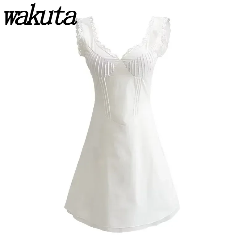 

WAKUTA Spring/summer Sexy V-neck Sleeveless Lace Slimming Vestidos with Fishbone Waist and Pure Desire Lace Patchwork Vest Skirt