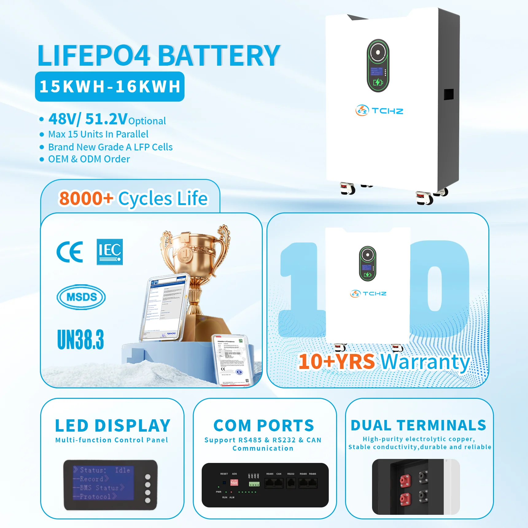 51.2V 300Ah 15kWh 8000 Cycles Lifepo4 Lithium Solar Battery Home Energy Storage System