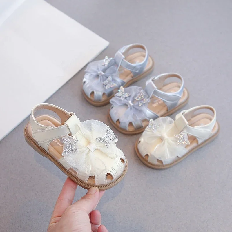 New Summer Kids Lace Sandals Sweet Pretty Girls Princess Bowknot Sandals Fashion Wedding Party Children's Flat Shoes Hollow-out