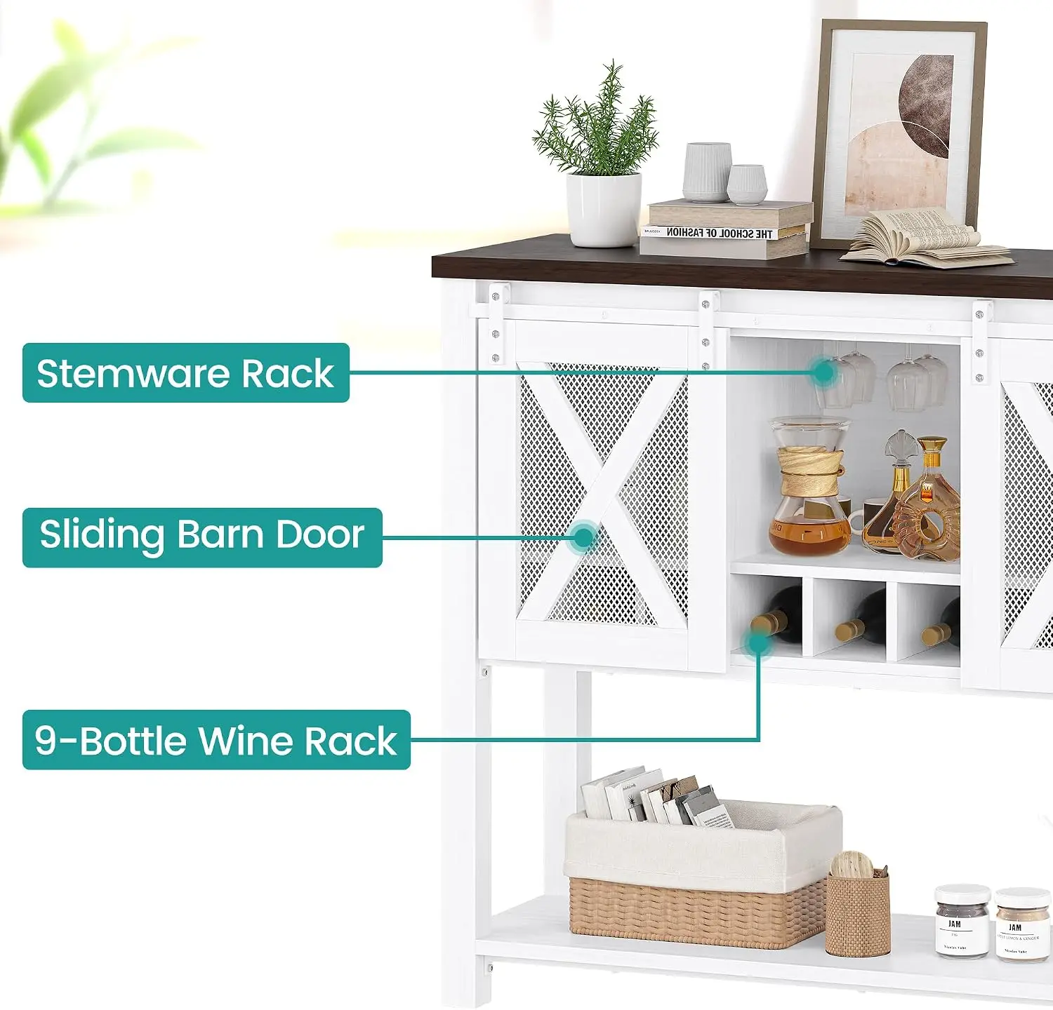 Farmhouse Coffee Bar Cabinet with 2 Sliding Barn Doors – Industrial Kitchen Buffet Sideboard with Drawer Storage, Wine Bottle &
