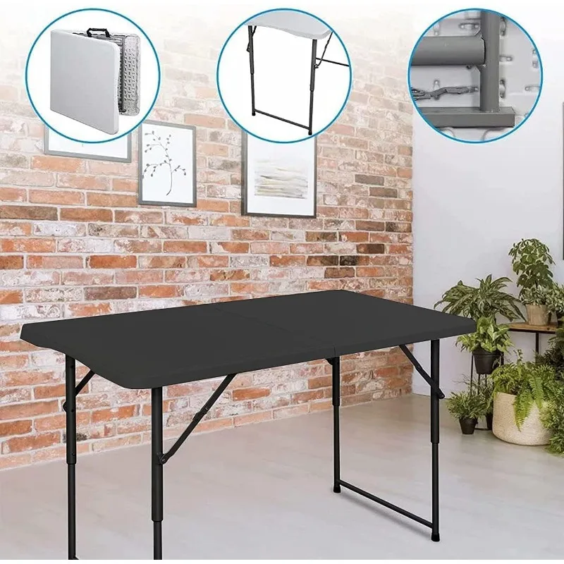 Small Folding Tables 4 Foot, Portable Plastic Fold-in-Half Card Tables, Adjustable Height Picnic Foldable Tables, Black