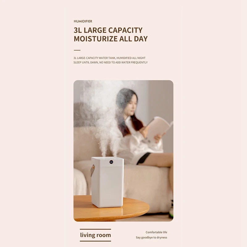 Ультразвуковой USB-ультразвуковой емкостью 3 л со светодиодной лампой и двойной насадкой, большой туман для спальни, офиса, рабочего стола