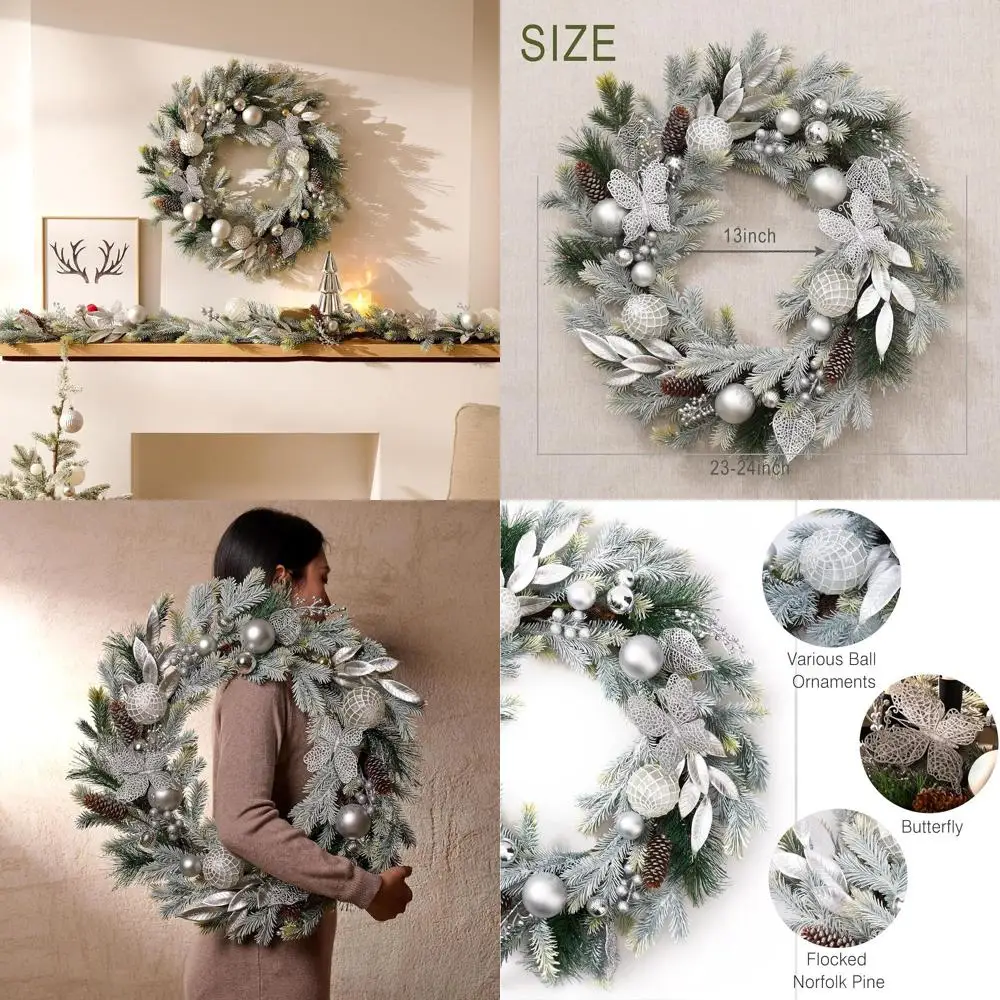 

24 Большой серебряный рождественский венок с подсветкой на батарейках и украшениями для уличного праздничного декора