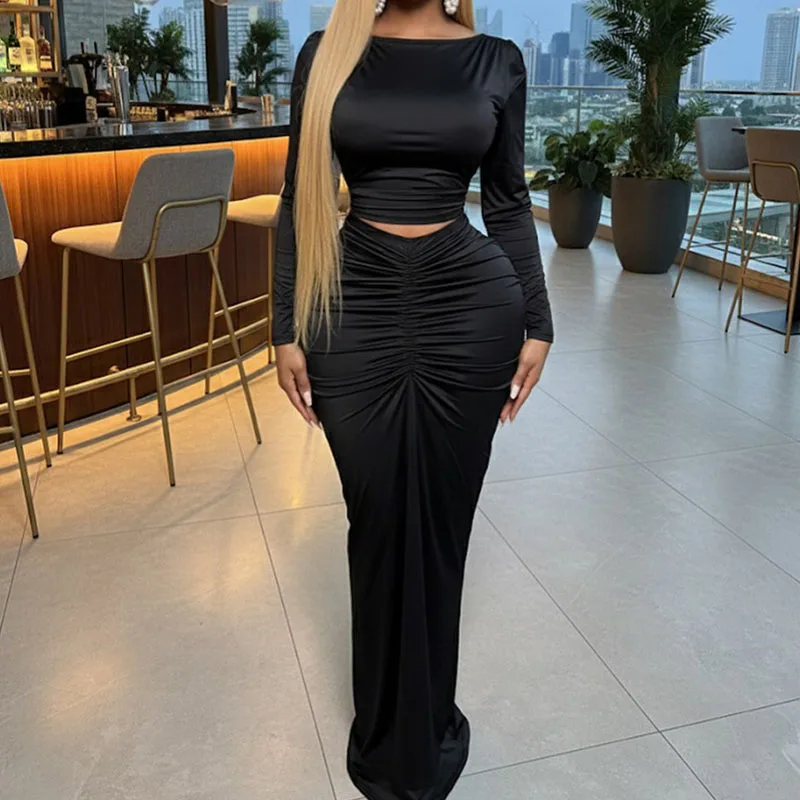 Doyerl Elegante Bodycon Maxi Jurk Sets Vrouwen 2-delige Club Outfit Party Lange Mouw Top + Lange Rok Bijpassende Set Ensembles Gewaden
