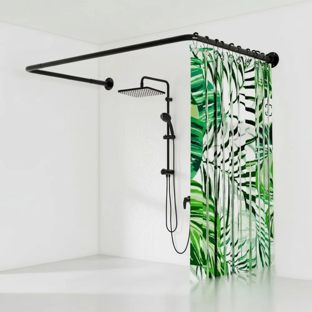 

Adjustable U-Shaped Shower Curtain Rod with Ceiling Support & 12 Hooks, Heavy Duty Rust-Resistant Bathroom Corner Pole
