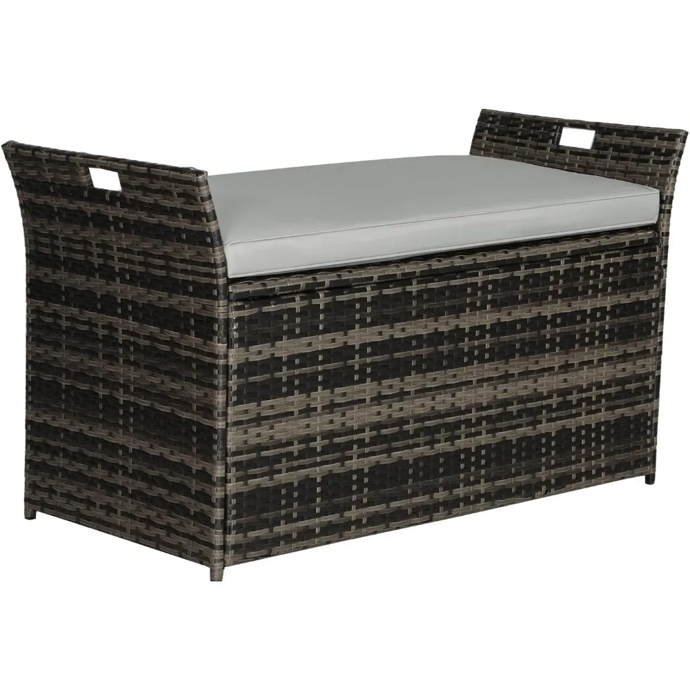 90 Gallon Outdoor Wicker Storage Bench with Cushion, Patio PE Rattan Deck Box with Handles