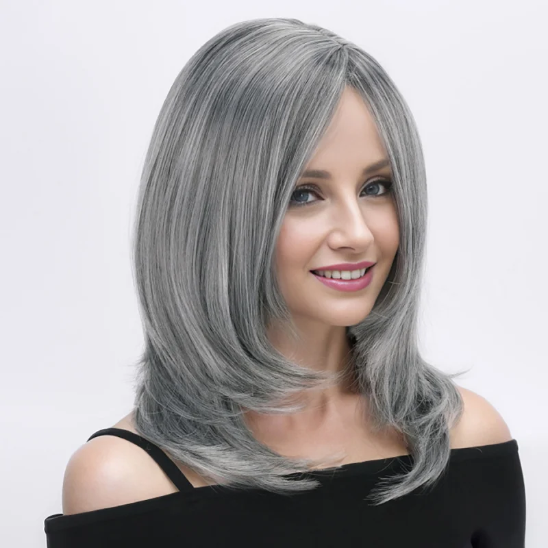 Women's wig with long bangs, gray-brown synthetic , high-temperature fiber, short straight style