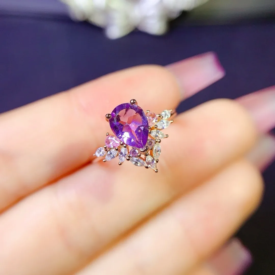 أنيقة تظهر مزاجه الجمشت الطبيعي S925 خاتم فضة شيك المرأة مجوهرات الأزياء وضعتها مصمم موهوب