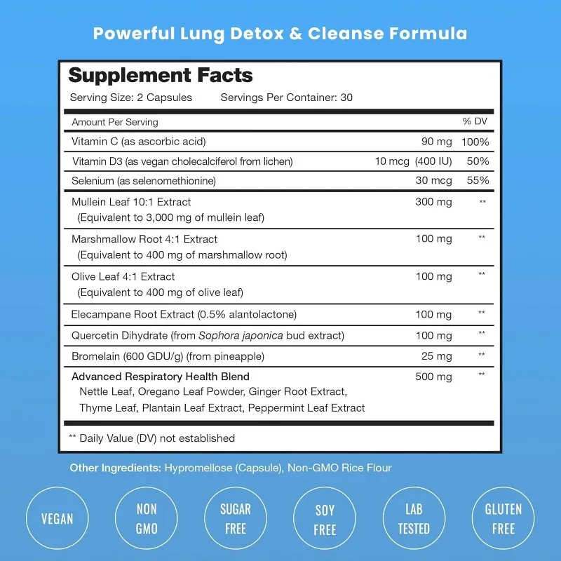 Mullein Leaf Extract Capsules - Antioxidant, Lung Cleanse & Detox,Soothes Coughs,Support Respiratory Health - Herbal Supplements
