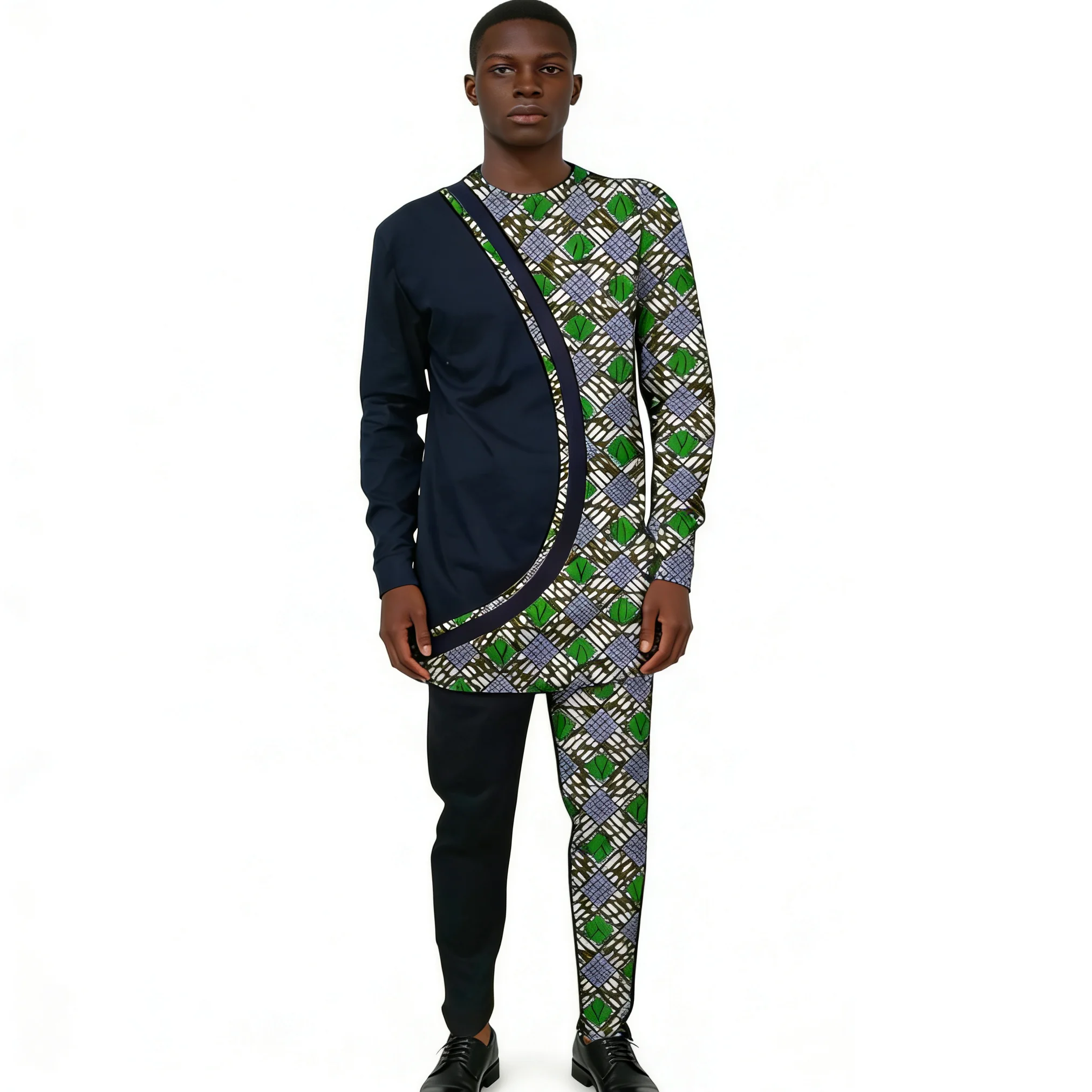 

African Couture Men's Groom Suit Patchwork Black Set Shirt+Trouser Print Male Party Wear Music Festival Dress Up