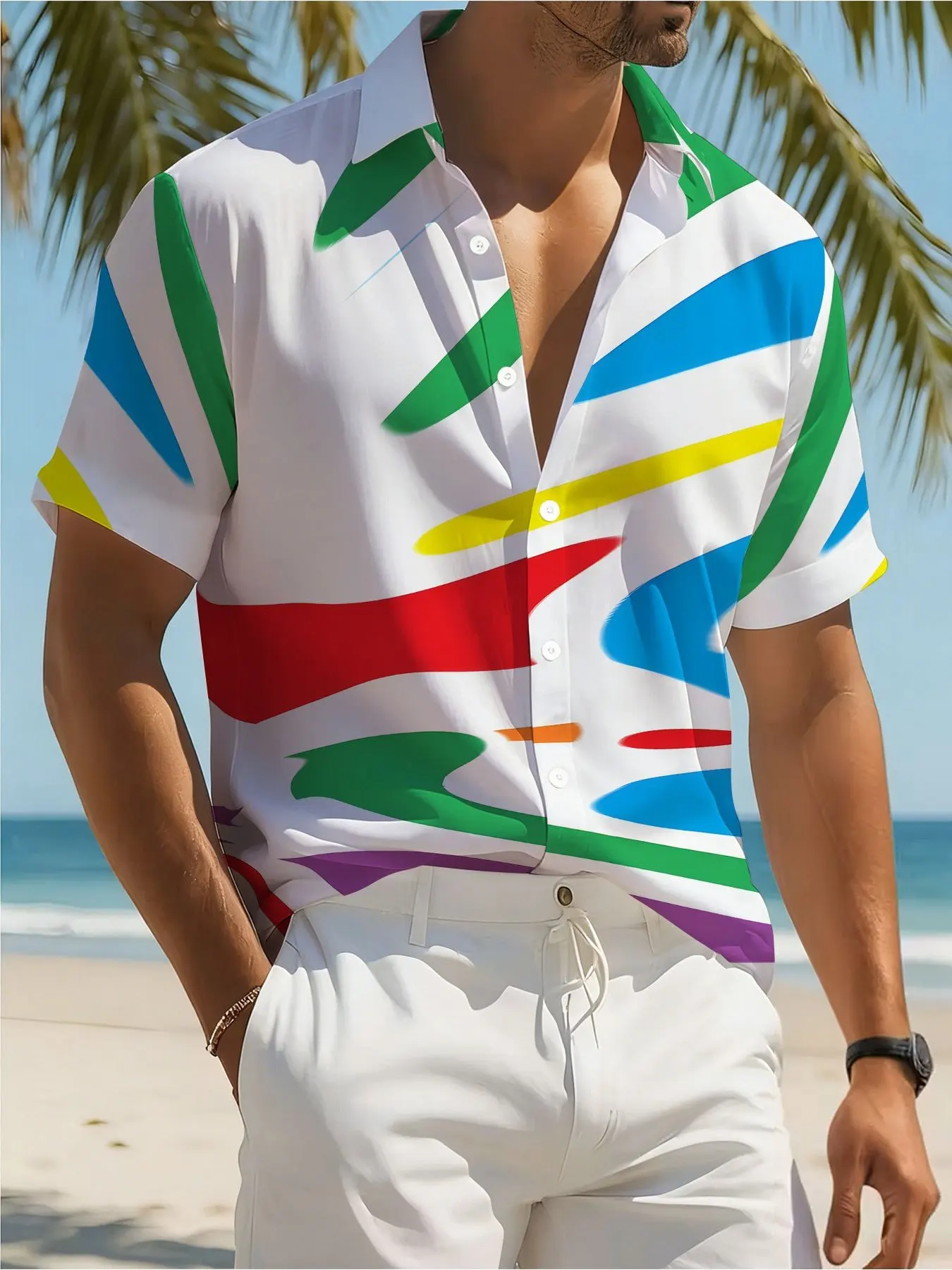 Men's Shirt Colorful Abstract Stripe Print Short Sleeve Lapel Button Shirts Summer Beach Vacation Casual Tops Men Clothing
