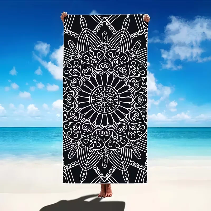 Black White Mandala Print Beach Towel Pool Towel for Travel Swimming Yoga Holiday Outdoor Summer Bath Shower Towel