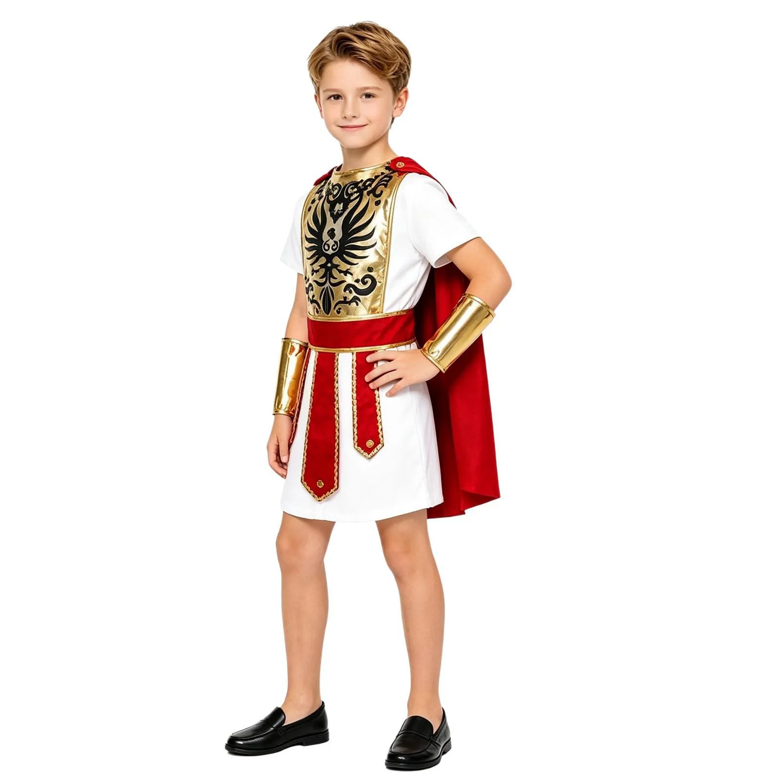 Children's Roman Soldier Gladiator Costume Boys Girls Ancient Greek Warrior Robe with Cloak Waistband Wrist Guard Halloween Suit