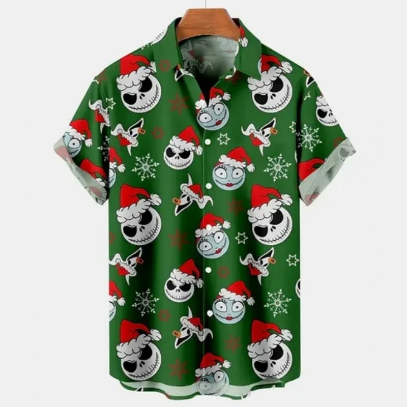 Christmas Men\'s Shirt Skull And Devil Graphic Short-Sleeved Printed Tshirt Loose Lapel Button Shirt Beach Party Clothing Men Top