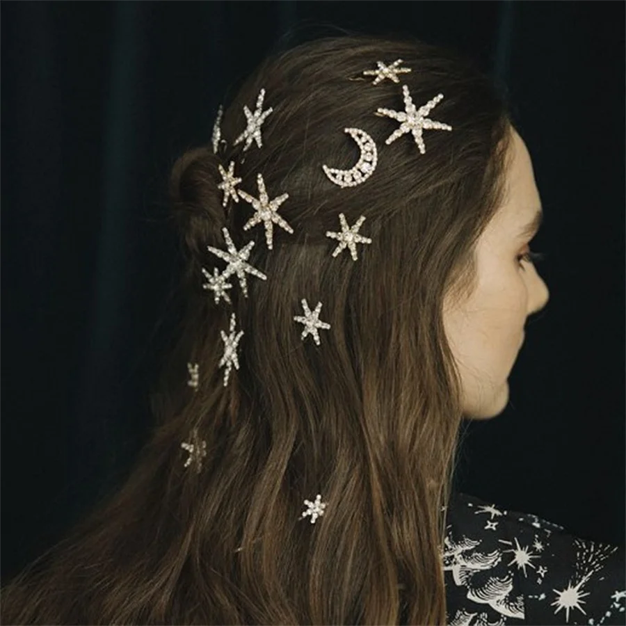 New Cross Geometric Stars Moon Rhinestone Hair Clip Set Snowflake Star bride Hairpins Women Side Clip Hair Barrettes Accessories