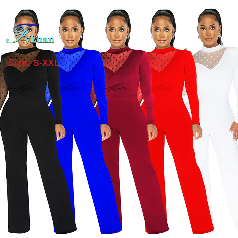 Nuove donne di arrivo maglia trasparente temperamento pantaloni a gambe larghe tinta unita slim o collo collo in pizzo occasione formale ufficio tuta lunga