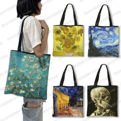 Sac à main en toile avec peinture à l'huile pour femme, fourre-tout de nuit étoilée avec arbre amanier et tournesol