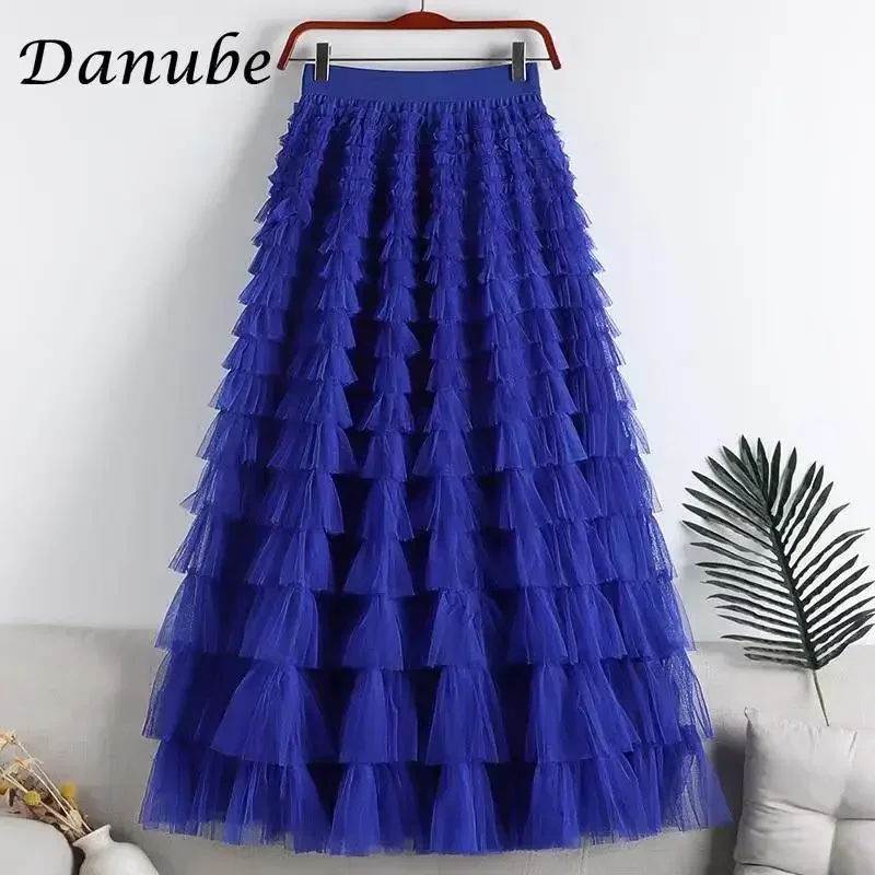 Vintage Multilay Ruffle Tulle Tutu Long Skirt for Women Spring Korean Casual High Waist Mesh Pleated Cake Skirt Faldas Aesthetic