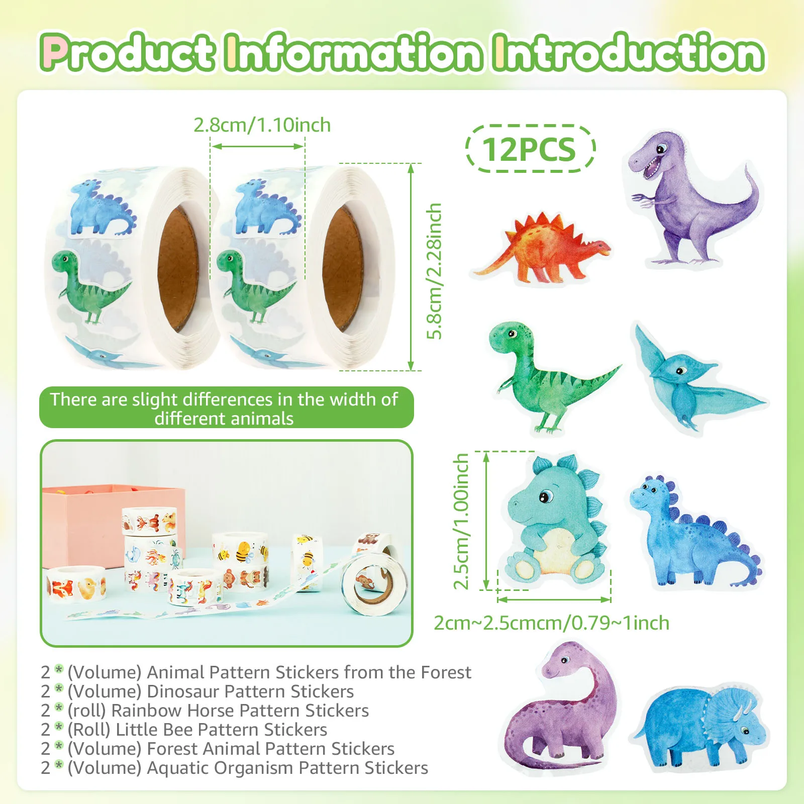 Children's Animal Stickers Set 2/12 Rolls Children's Encouragement Decals 8 Different Patterns for Classroom Reward Party Game