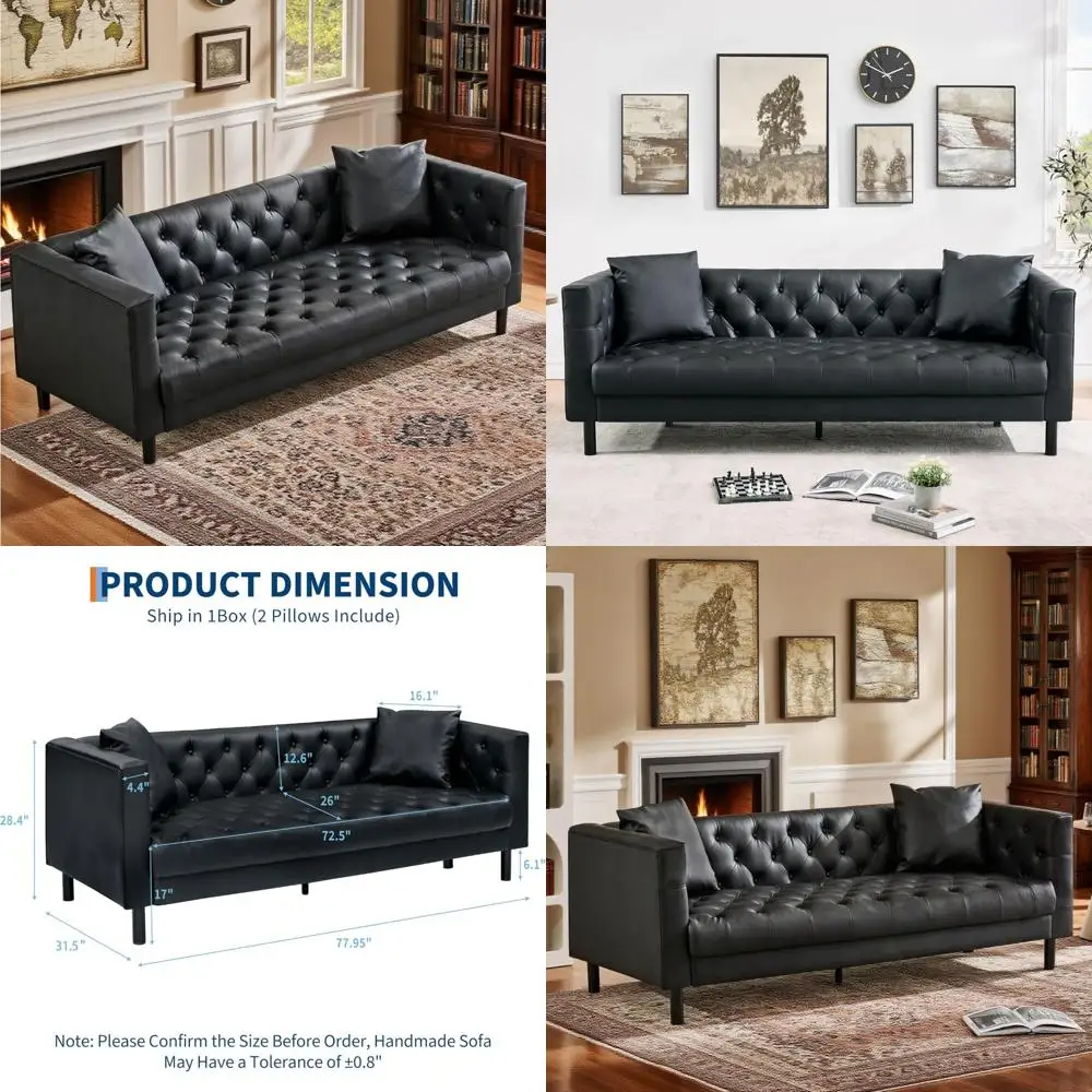 Mid Century Modern Faux Leather Button-Tufted 3-Seater Sofa with 2 Pillows for Living Room, Deep Seat