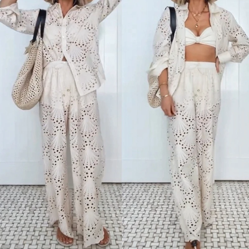 

Осень/зима 2025: однобортная рубашка с длинным рукавом, свободные брюки, женский костюм в праздничном стиле