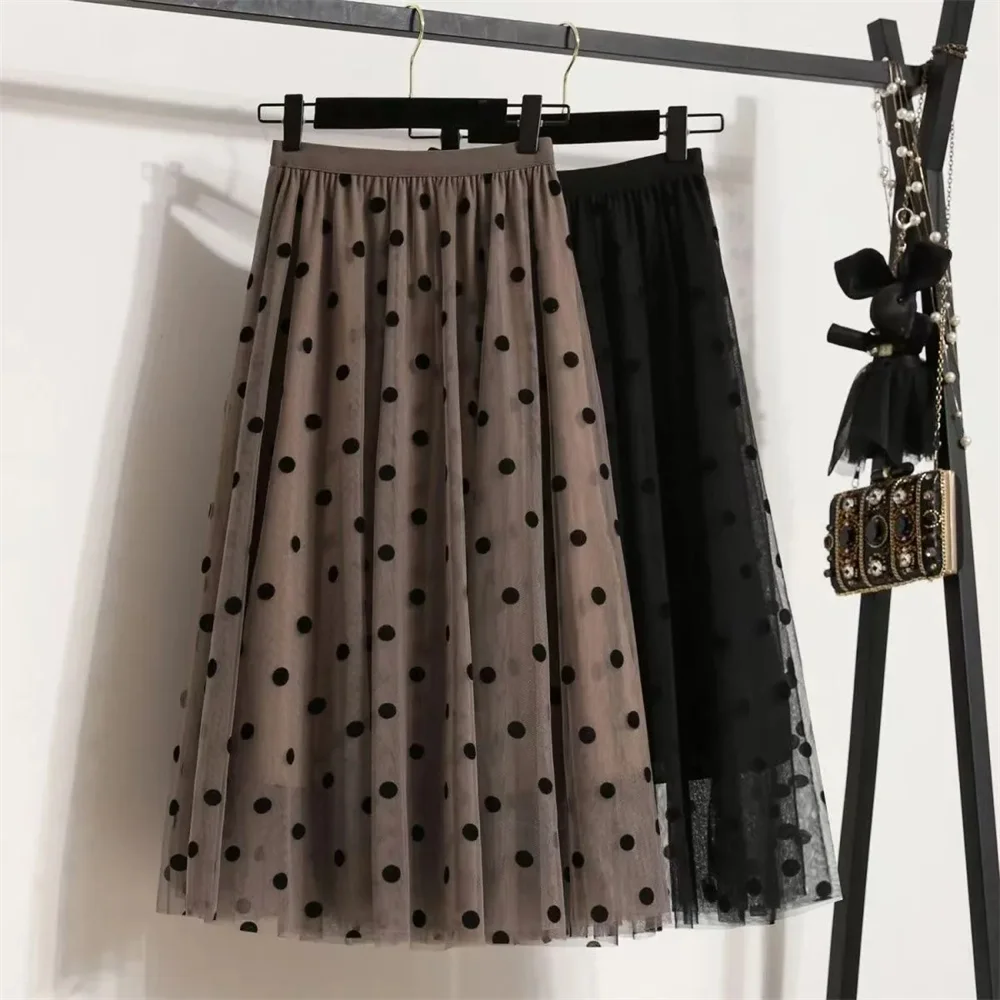 Flocking Mesh Long Skirt Women Korean Fashion Floral Midi Tulle Skirt Summer Autumn High Waist Vintage Black Mom Polka Dot Skirt