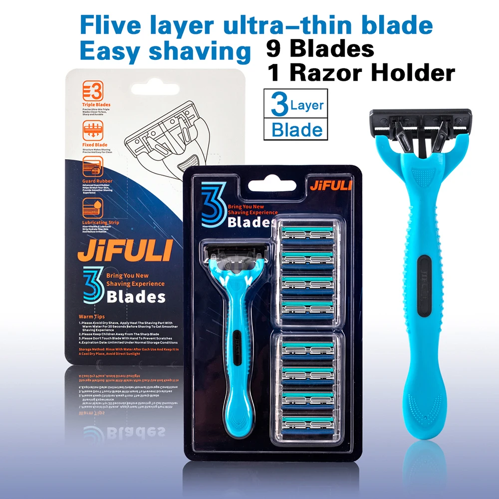 Blue Razor Blades Men 3Layers Plastic Stainless Steel Manual Shaver Head 9 Shaving Accessories Refills 1 Versatile PVC Holder