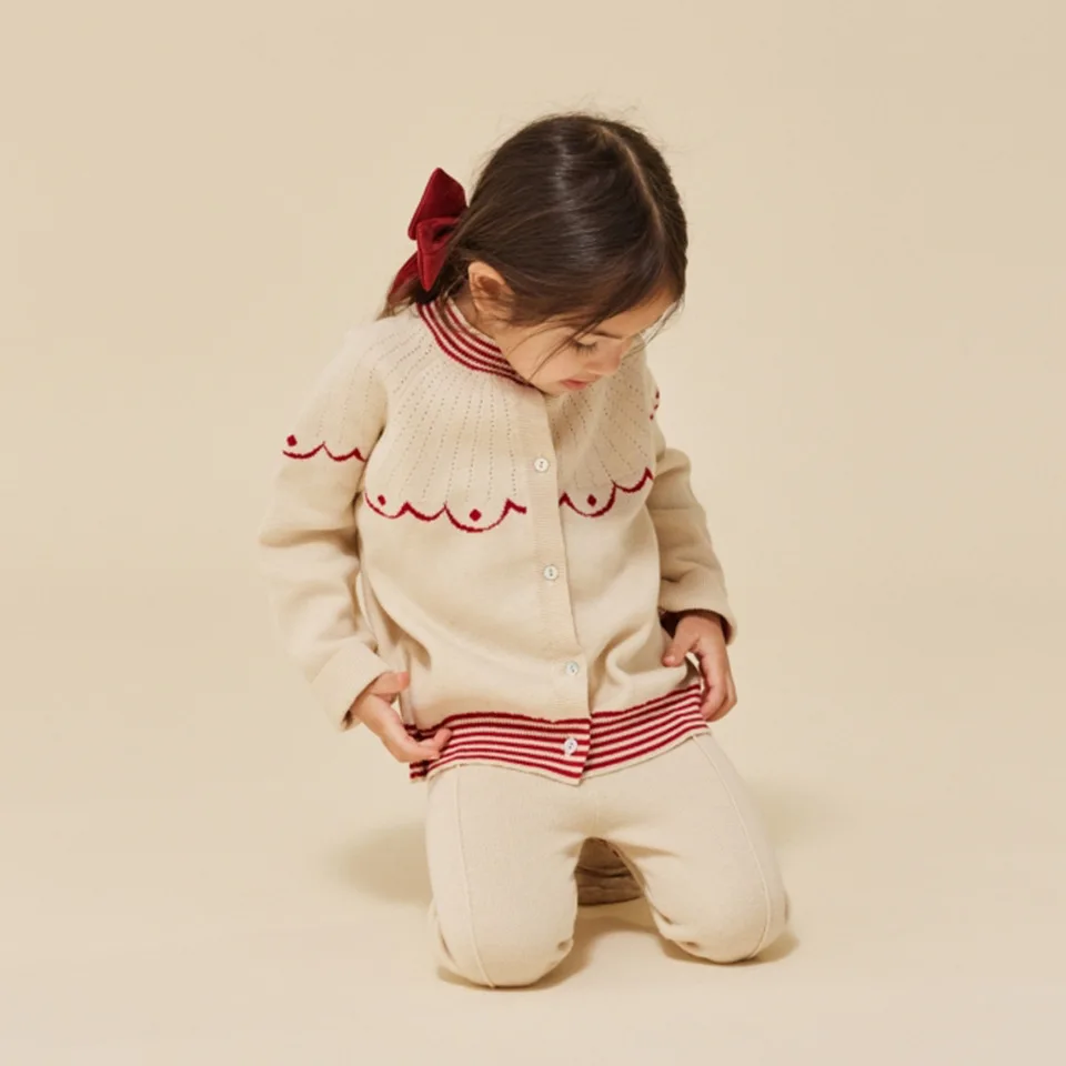 2023 KS Spring Baby Girl Clothes Set Infant Knit Sweater Cardigan Jumpsuit Long Sleeve Pullover Children Pants Suit