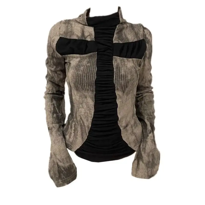 y2k subculture cross slim long sleeve T-shirt knit low waist pleated skirt small millenial Spice Girl suit