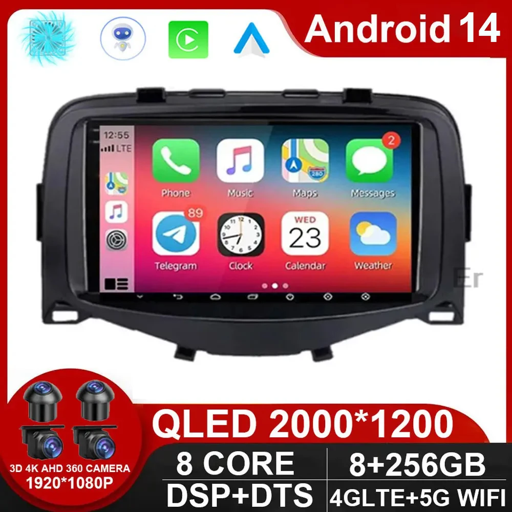 Android 14 Car Radio For Toyota Aygo Peugeot 108 Citroen C1 2016 2017 2018 - 2020 Carplay Auto Multimedia Player GPS Navigation