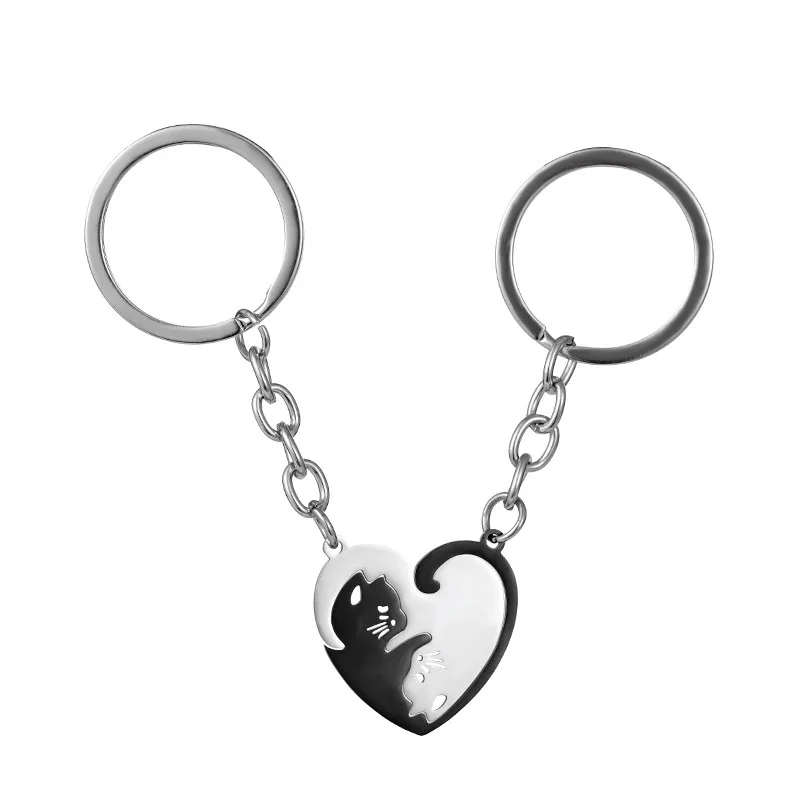 Black and White Love Cat Keychain Pendant Male and Female Couples Stainless Steel Anti Loss Keychain Ring Bag Pendant Keychain