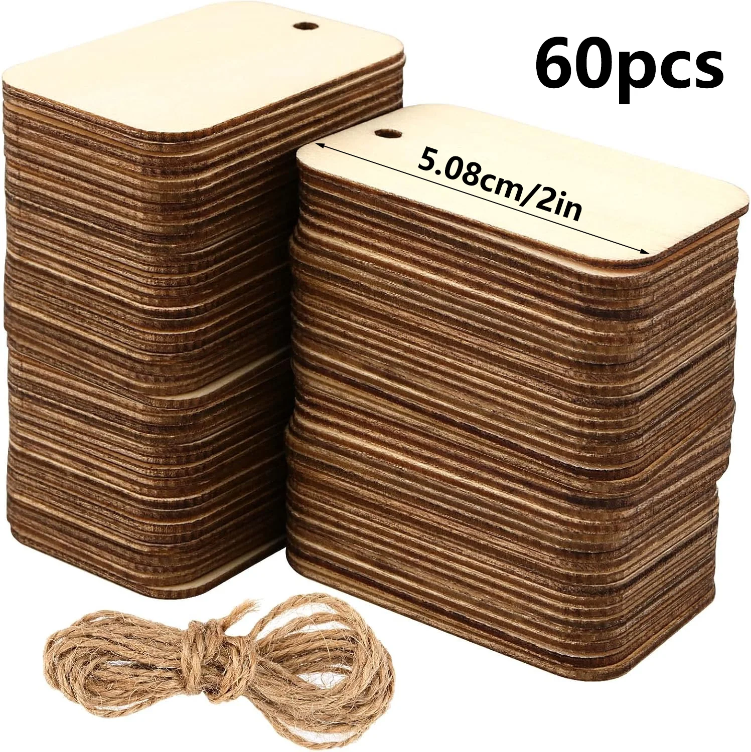 60/120 Rectangular Wood Chips Light-Colored Openwork Country Style 2x1.3 Inches with Holes Comes with 10 Meters of Hemp