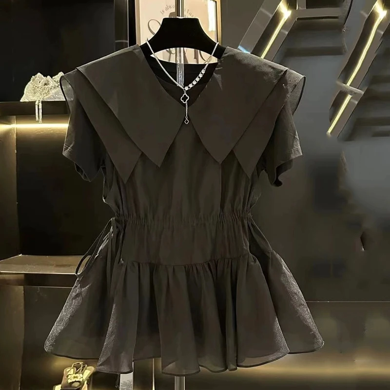 

2025 Women's Fashion Black Shirt Summer Short Sleeve Drawstring Hem High Waist Unique Chic Stylish Casual Tops Blouse Female Y2K