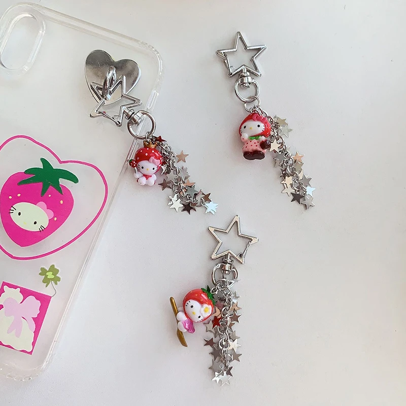 1Pcs Sanrio Tassel Star Kitty Keychain Phone Tether Cellphone Strap Parts Lanyard CCD Camera Pendant Earphone Cover Pendant