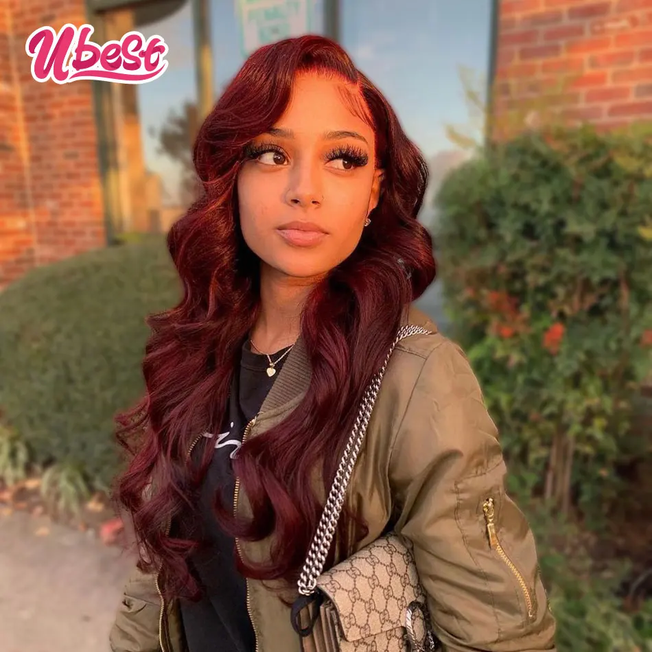 

Ubest Body Wave Wig Burgundy Lace Front Wig 13x4 Transparent Lace Frontal Wig Human Hair Pre Plucked 99j Red Colored Wig Remy