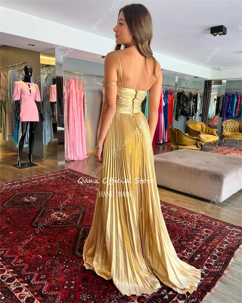 Qanz Golod Dubai Luxury Evening Dress Satin Spaghetti Traps Customized Abendkleid Luxus 2024 Long A Line Party Dresses Woman