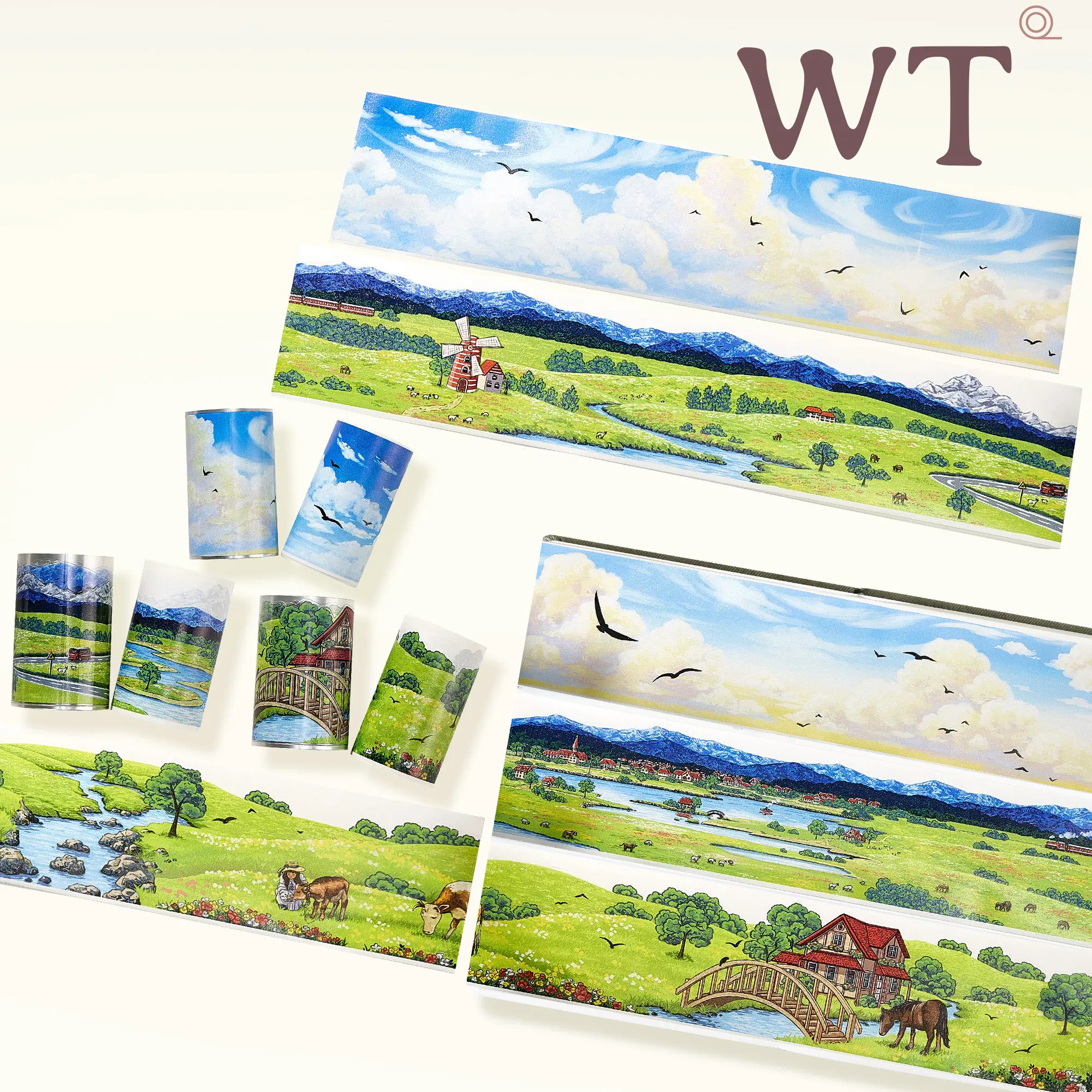 

Оригинальная коллекционная лента WT: Пейзаж с зелеными полями, летящими птицами, голубым небом, вырезанными элементами, изображением травяной местности, неба и облаков.