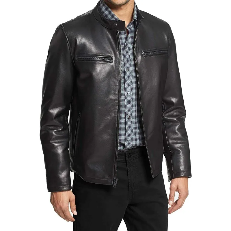 Men's 100% Elegant Genuine Sheepskin Black Leather Jacket Open Front Biker Coat