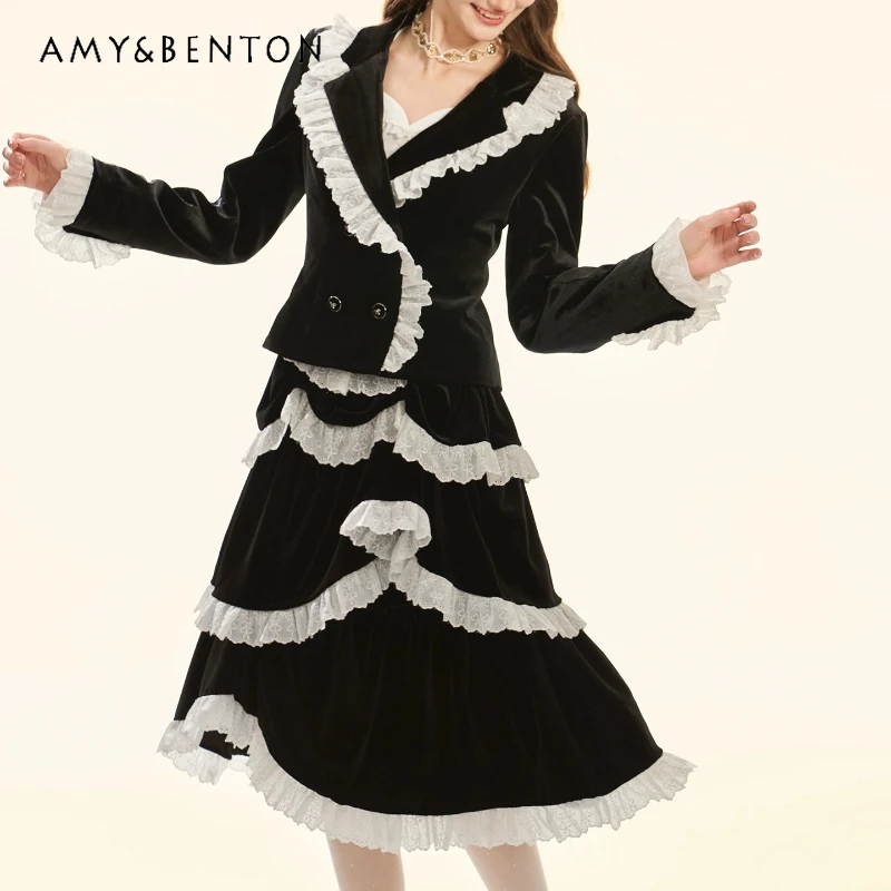 

French Retro Design Black and White Lace Spliicng Velvet Women's Suit Coat Autumn Winter New Loose Irregular Skirt Sets Ladies